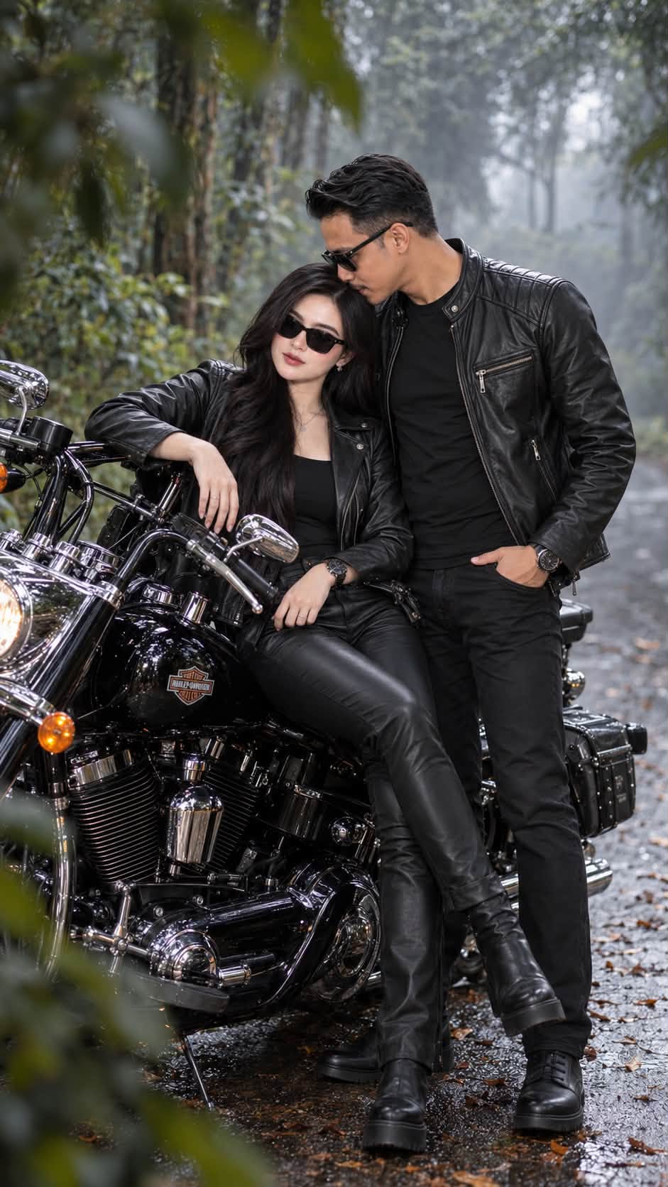 Mẫu ảnh AI Tạo Ảnh AI Cặp Đôi Biker Bên Mô Tô – Phong Cách Áo Da Ngầu, Cá Tính - Cặp đôi