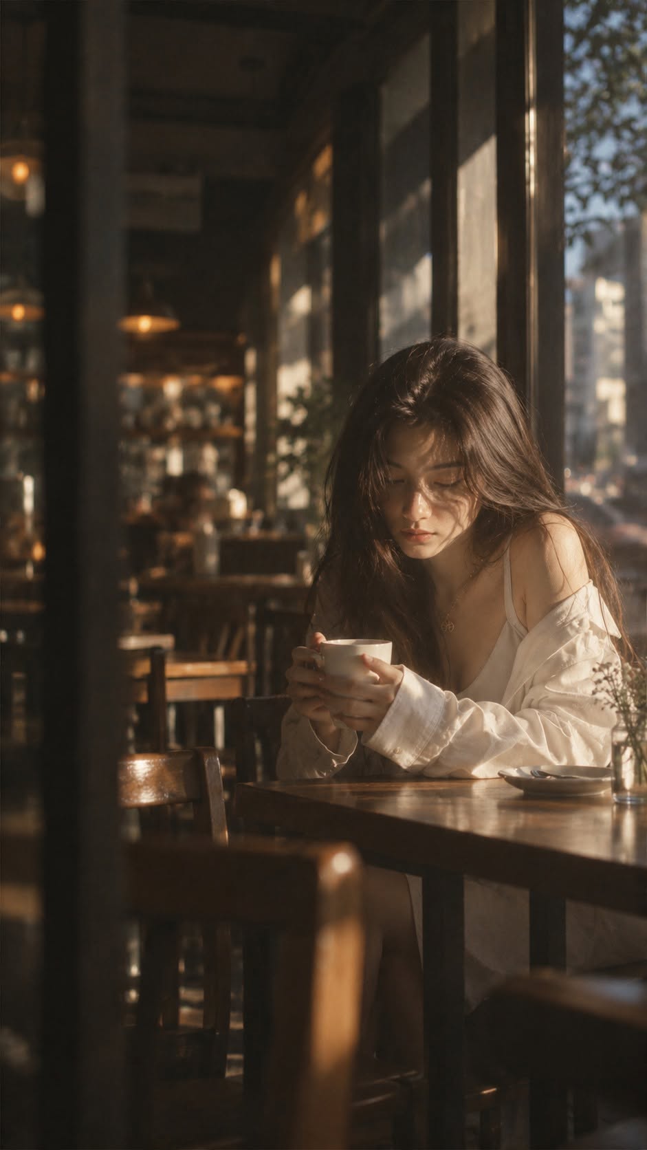 Mẫu ảnh AI Tạo Ảnh AI Cô Gái Trong Quán Cà Phê – Ánh Sáng Nắng Sớm, Vibe Chill - Nàng Thơ