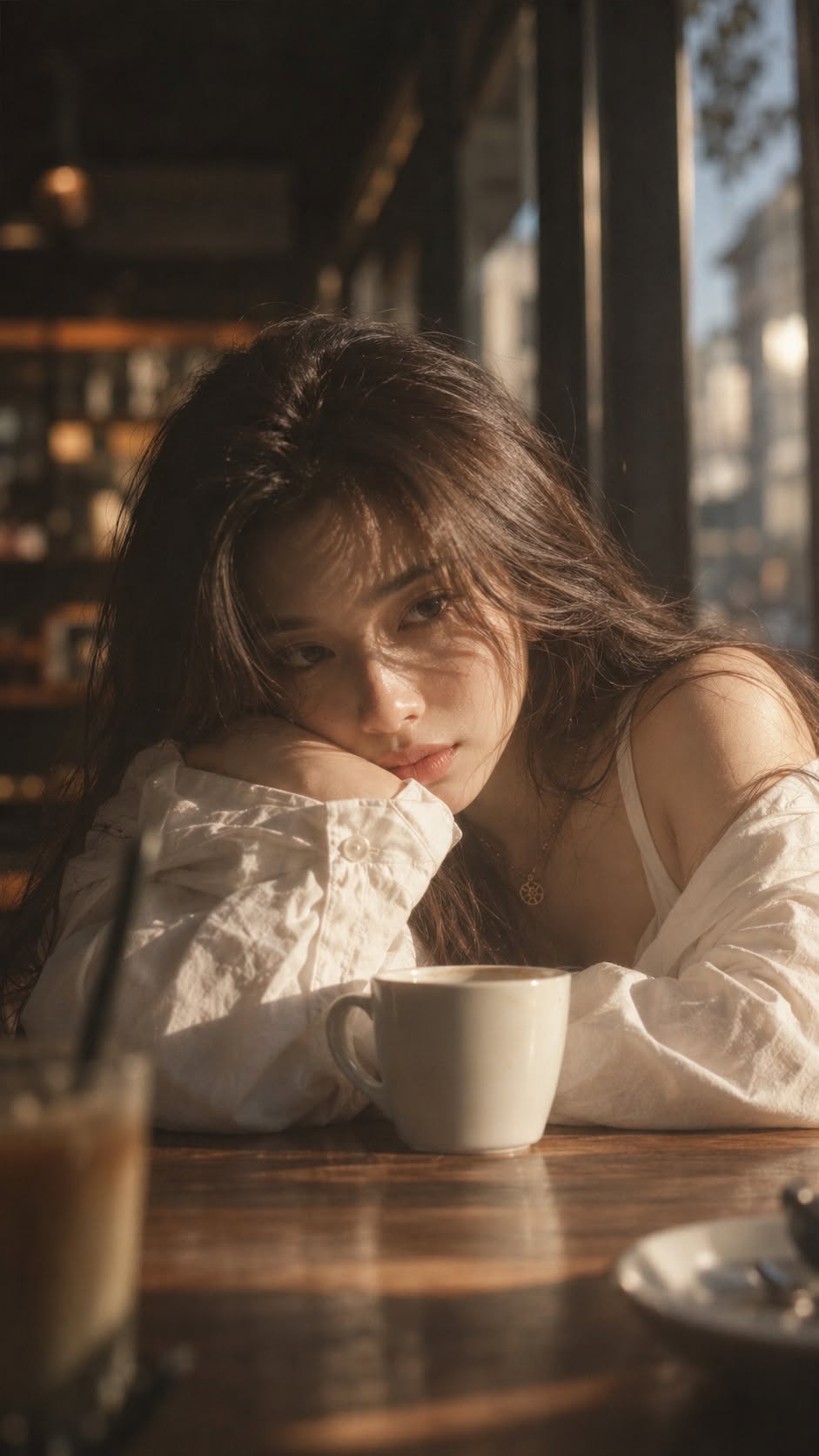 Mẫu ảnh AI Tạo Ảnh AI Cô Gái Trong Quán Cà Phê – Chân Dung Nàng Thơ Ánh Sáng Tự Nhiên - Nàng Thơ