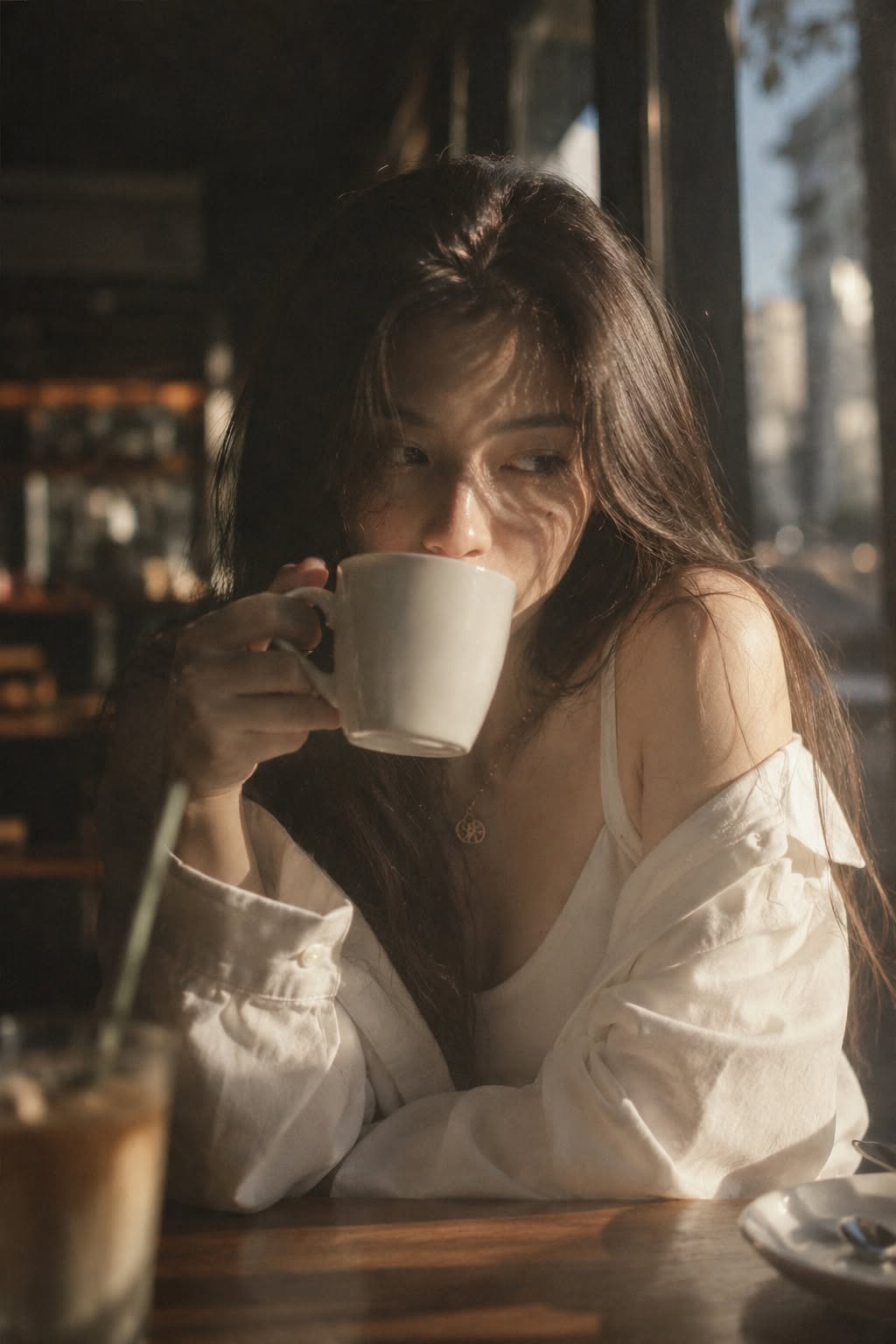 Mẫu ảnh AI Tạo Ảnh Cô Gái Uống Cà Phê Trong Quán – Ánh Sáng Nắng Chiều Đượm Buồn - Nàng Thơ
