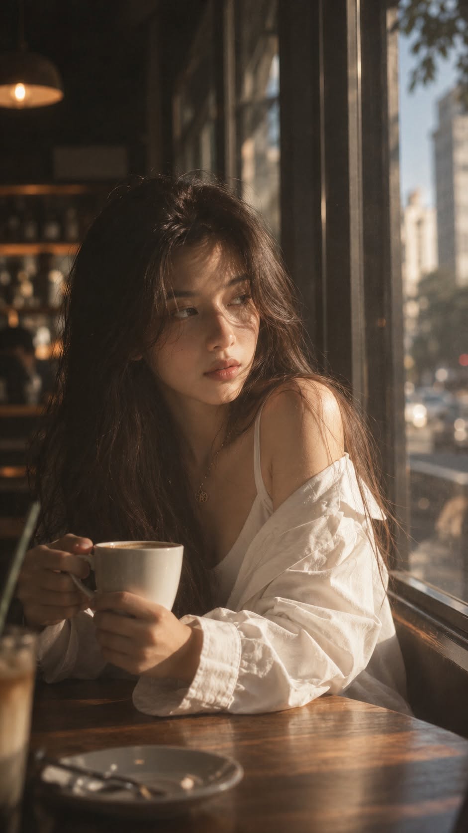 Mẫu ảnh AI Tạo Ảnh AI Cô Gái Thất Tình Uống Cà Phê Bên Cửa Sổ - Nàng Thơ