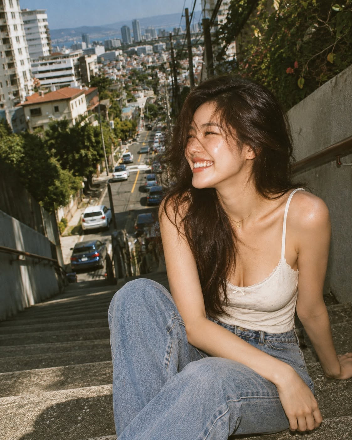 Mẫu ảnh AI Tạo Ảnh AI Cô Gái Trên Cầu Thang Thành Phố – Phong Cách Street Photography - Nàng Thơ