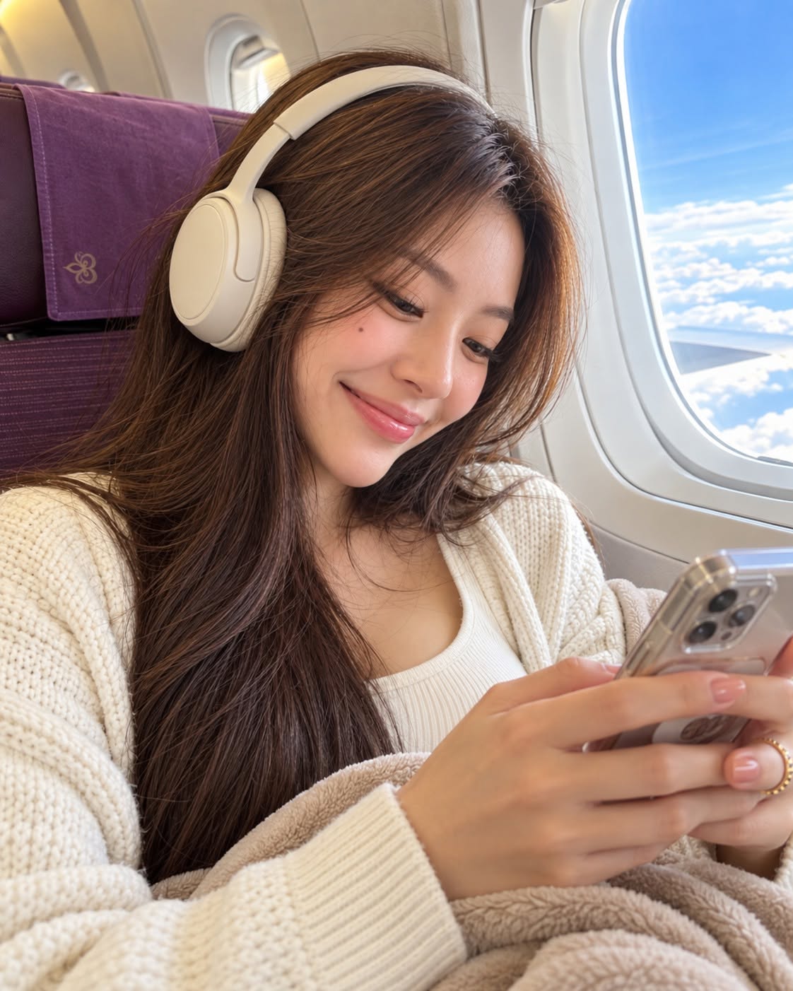 Mẫu ảnh AI Tạo Ảnh AI Cô Gái Trên Máy Bay Nghe Nhạc – Phong Cách Du Lịch Tự Nhiên - Chân dung nữ