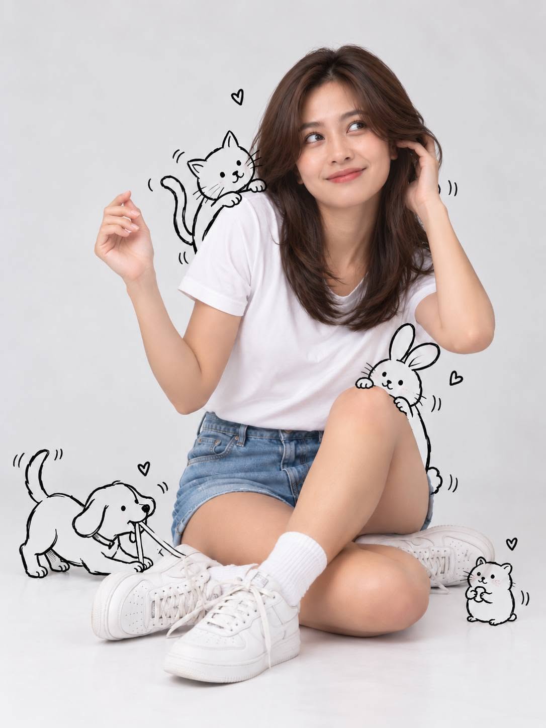 Mẫu ảnh AI Tạo Ảnh Cô Gái Với Mèo Thỏ Cún – Phong Cách Kawaii Cute - Ảnh Hài Hước