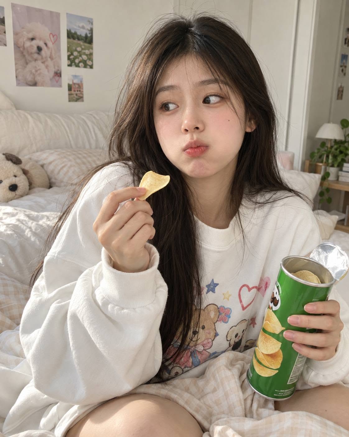 Mẫu ảnh AI Tạo Ảnh Cô Gái Ăn Snack Trong Phòng Ngủ - Nàng Thơ