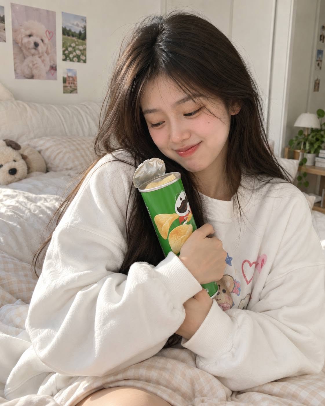 Mẫu ảnh AI Tạo Ảnh Cô Gái Ôm Hộp Snack Dễ Thương - Nàng Thơ