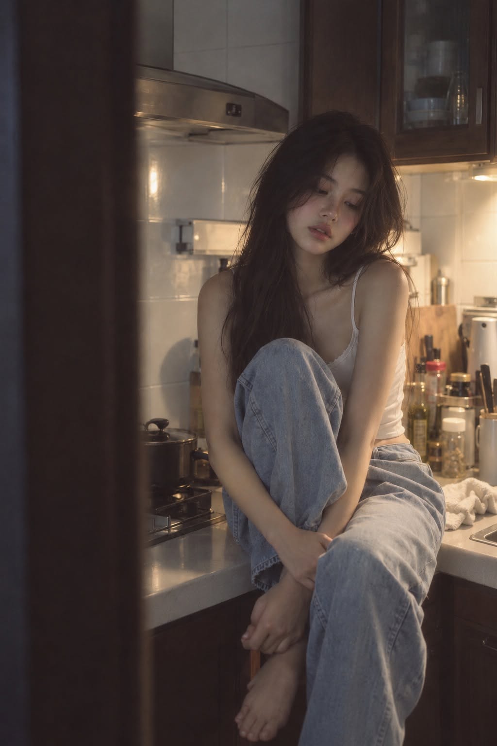 Mẫu ảnh AI Tạo Ảnh AI Cô Gái Trong Căn Bếp - Tâm Trạng Buồn - Nàng Thơ