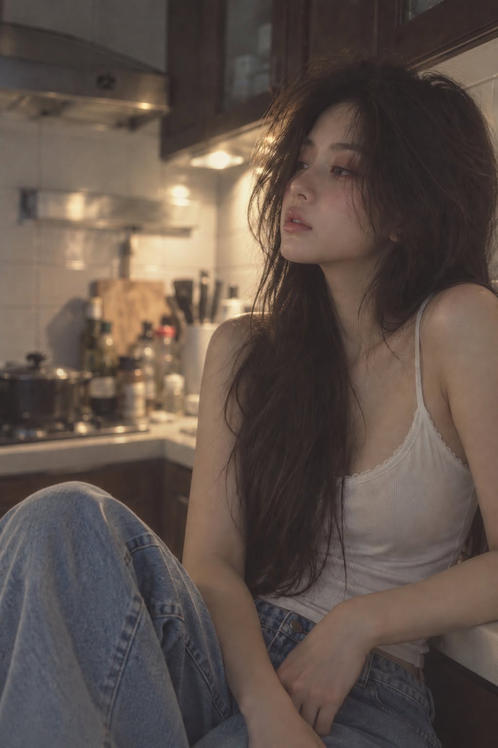 Mẫu ảnh AI Tạo Ảnh Cô Gái Ngồi Trong Bếp – Phong Cách Buồn Thất Tình - Nàng Thơ