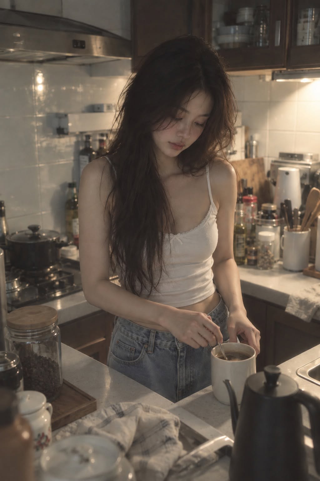 Mẫu ảnh AI Tạo Ảnh AI Cô Gái Pha Cà Phê Trong Bếp - Khuôn Mặt Buồn - Nàng Thơ