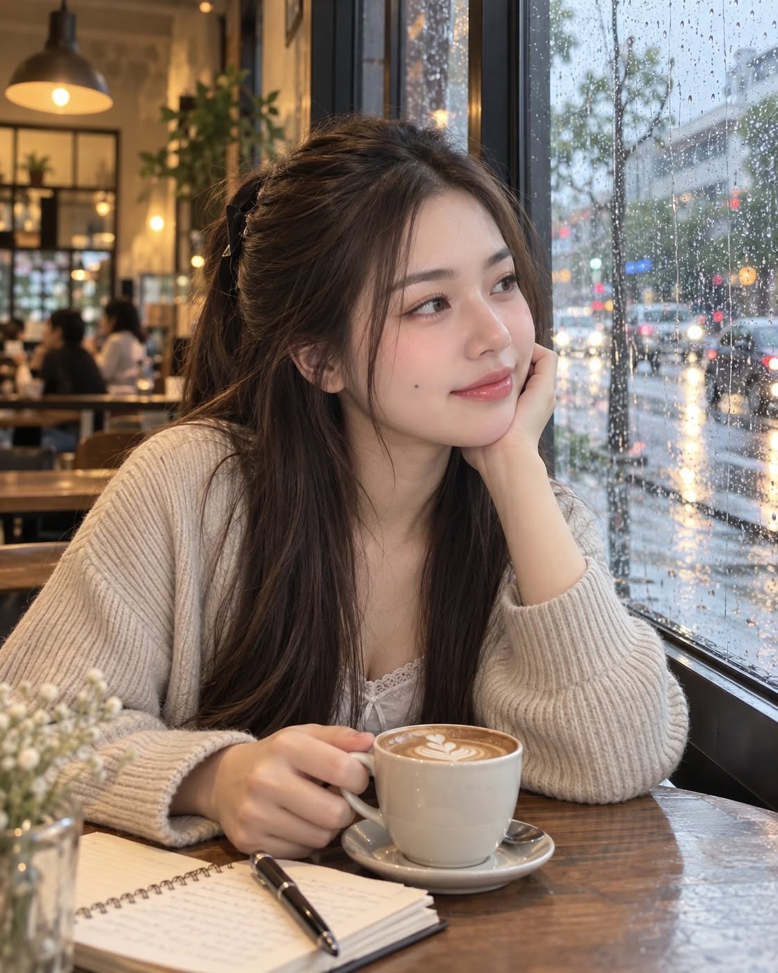 Mẫu ảnh AI Tạo Ảnh Cô Gái Ngồi Quán Cà Phê Ngày Mưa –  Ảnh AI Chill, Thơ Mộng - Chân dung nữ