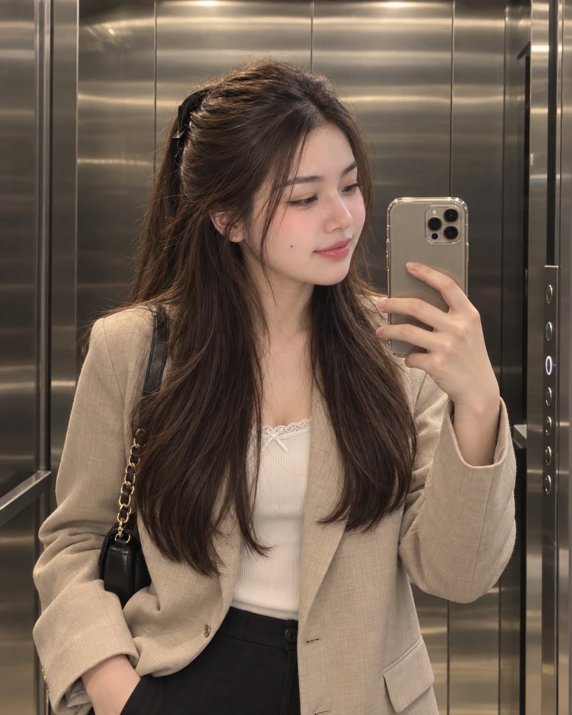 Mẫu ảnh AI Tạo Ảnh Cô Gái Selfie Trong Thang Máy – Phong Cách Công Sở Thanh Lịch, Chân Thực - Chân dung nữ
