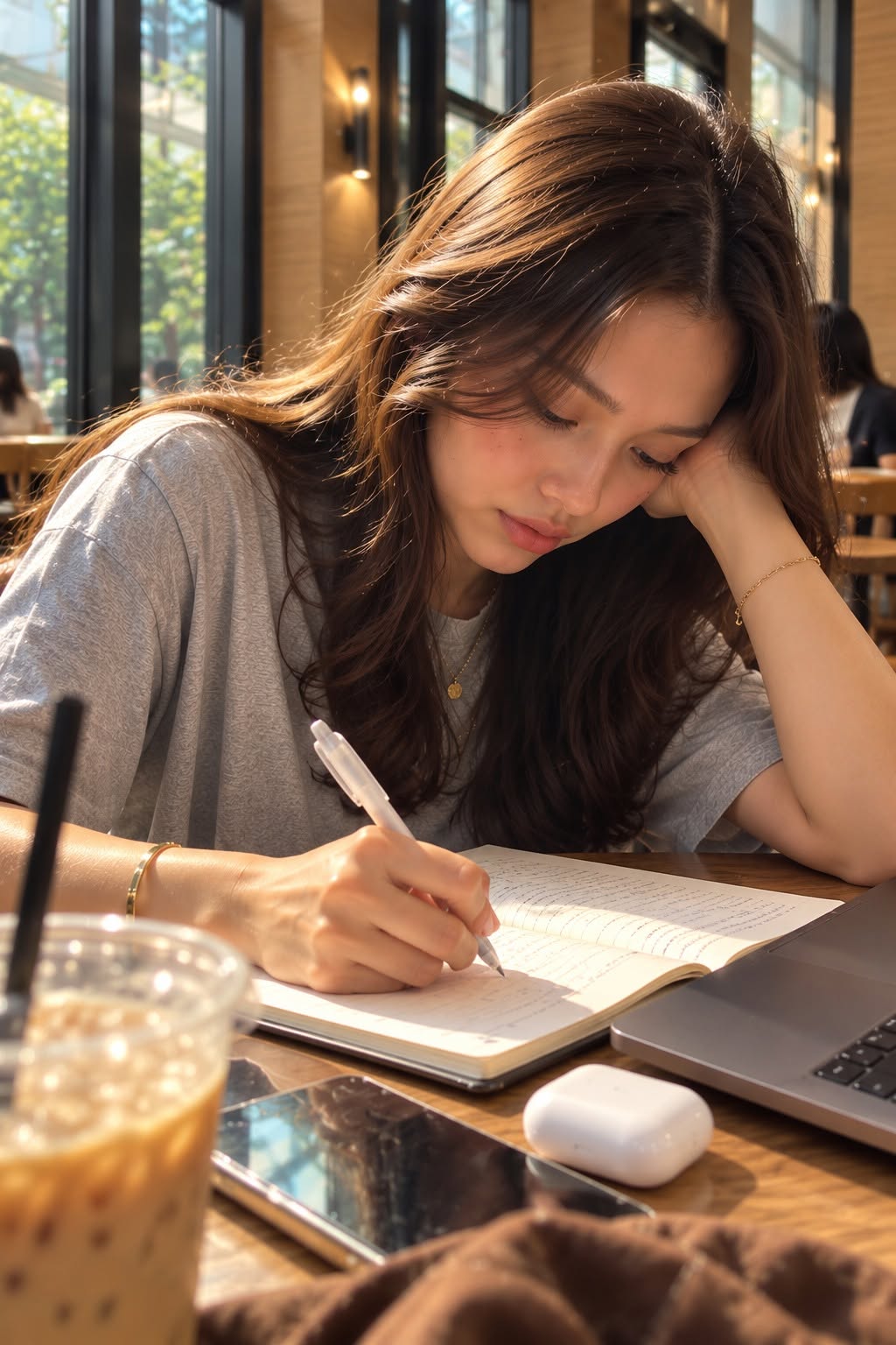 Mẫu ảnh AI Tạo Ảnh Cô Gái Học Bài Trong Quán Cà Phê – Phong Cách Đời Thường, Chân Thực - Chân dung nữ