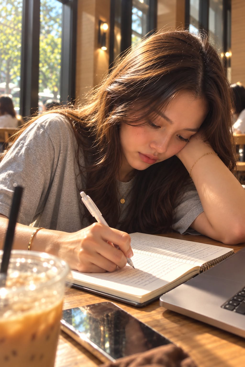 Mẫu ảnh AI Ghép Ảnh AI Cô Gái Học Bài Trong Quán Cà Phê – Phong Cách Lifestyle Chân Thực - Chân dung nữ