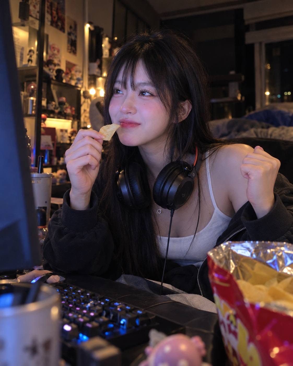 Mẫu ảnh AI Tạo Ảnh Cô Gái Chơi Game Ban Đêm – Phong Cách Gaming Girl Chân Thực - Nàng Thơ