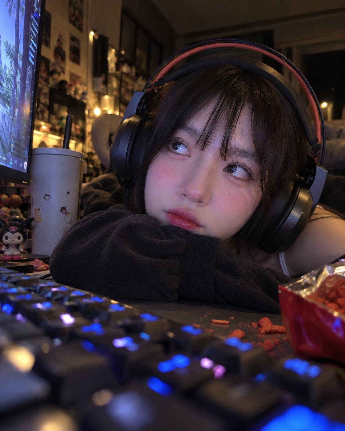 Mẫu ảnh AI Tạo Ảnh Cô Gái Gaming Đeo Tai Nghe – Góc Máy Tính RGB, Phong Cách Chill Ban Đêm - Nàng Thơ