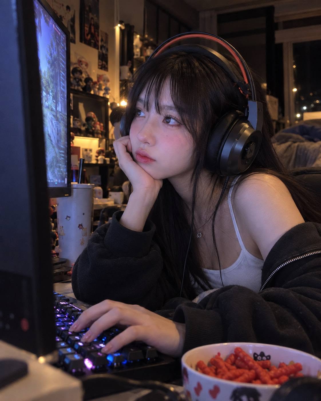 Mẫu ảnh AI ạo Ảnh Nàng Thơ Chơi Game Với Tai Nghe – Gaming Girl Bên Máy Tính RGB - Nàng Thơ