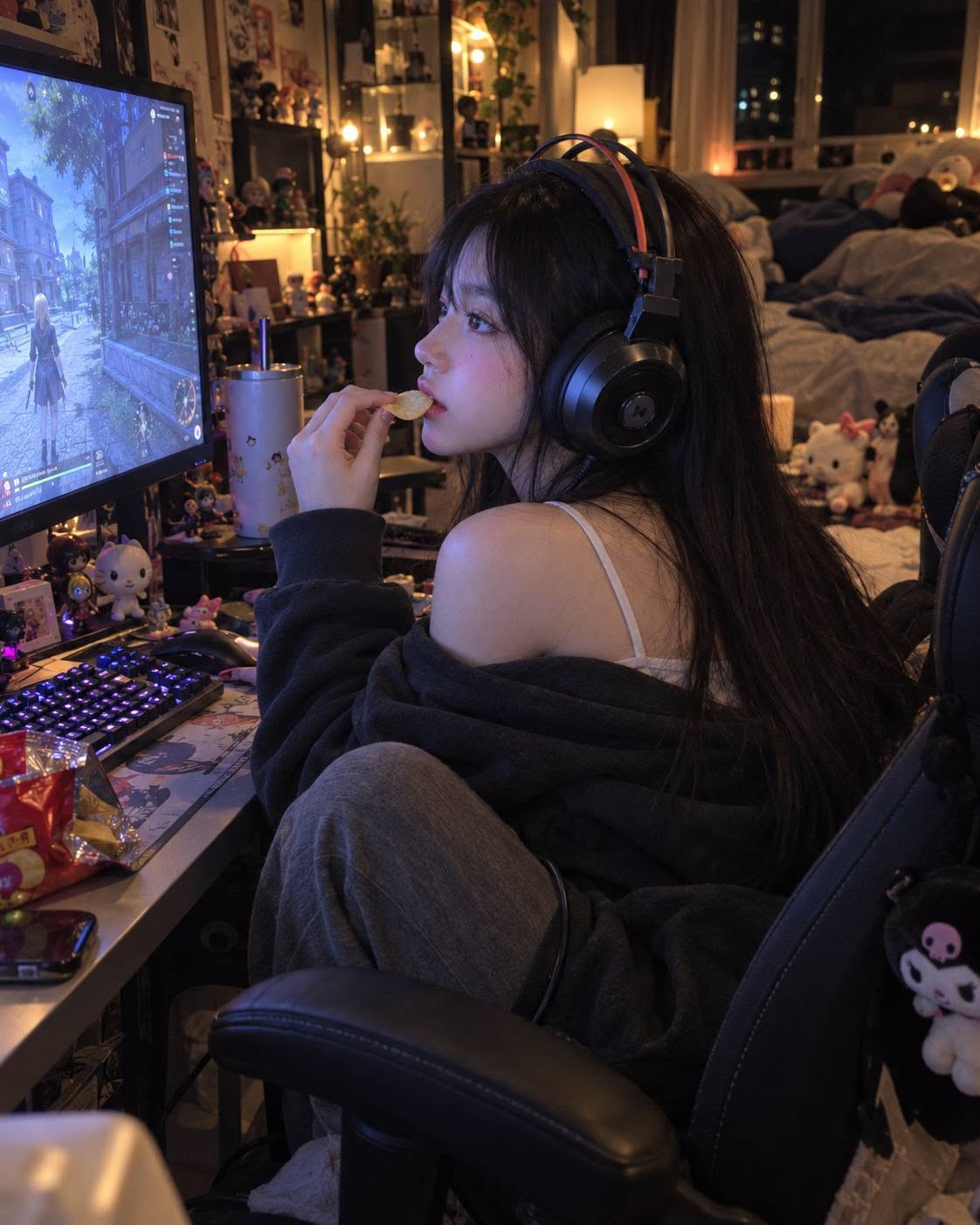 Mẫu ảnh AI Tạo Ảnh Cô Gái Chơi Game Trong Phòng – Căn Phòng Ngủ Chill Chill - Nàng Thơ