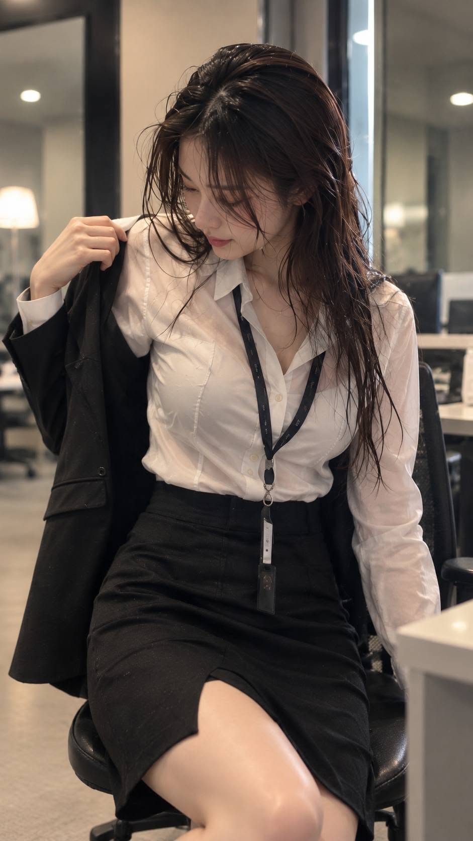 Mẫu ảnh AI Tạo Ảnh AI Cô Gái Công Sở Thanh Lịch – Ướt Mưa Đang Cởi Áo - Nàng Thơ