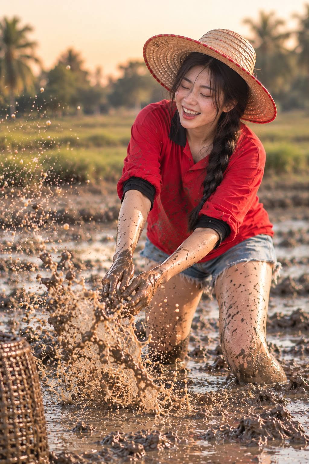 Mẫu ảnh AI Tạo Ảnh Cô Gái Bắt Cá – Ảnh Đồng Quê Việt Nam Chân Thực - Nàng Thơ