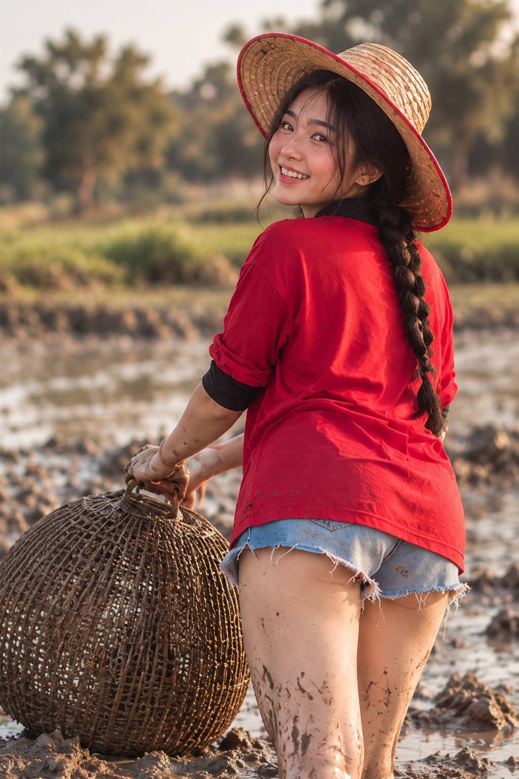 Mẫu ảnh AI Tạo Ảnh Cô Gái Bắt Cá Dưới Bùn - Chân dung nữ