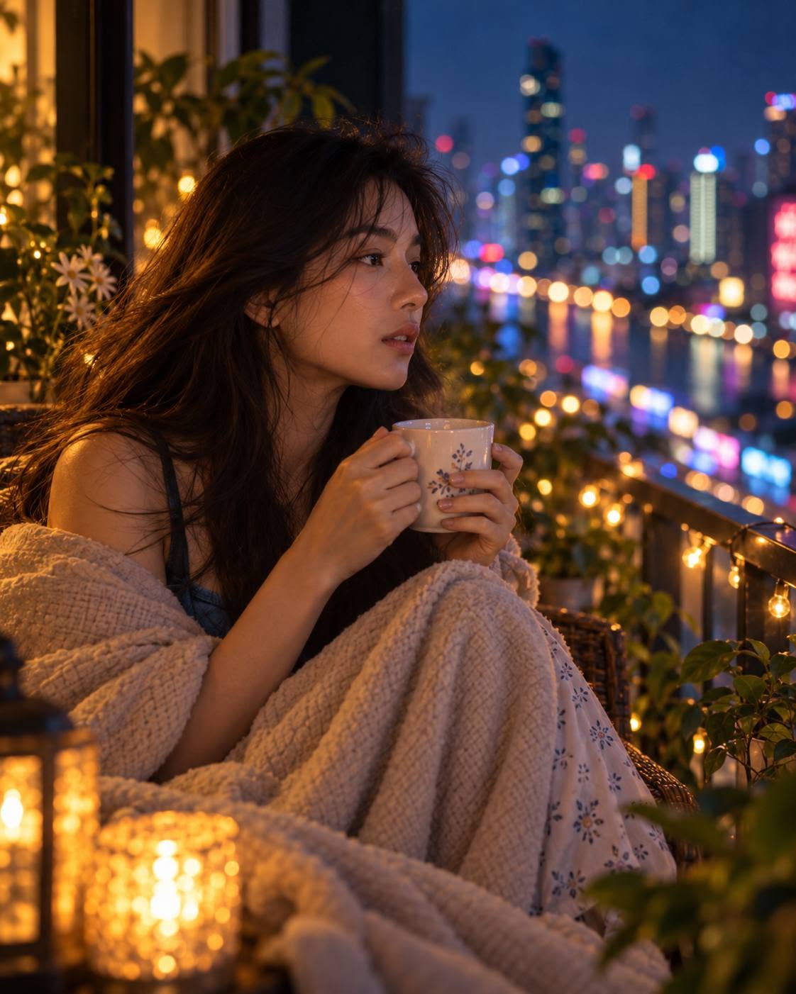 Mẫu ảnh AI Tạo Ảnh AI Cô Gái Buồn Thất Tình – Cô Đơn Bên Ban Công Thành Phố Về Đêm - Chân dung nữ