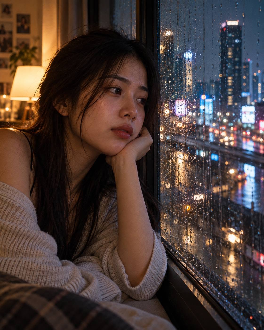 Mẫu ảnh AI Tạo Ảnh Cô Gái Buồn Thất Tình Ngày Mưa – Cô Đơn Bên Cửa Sổ - Nàng Thơ