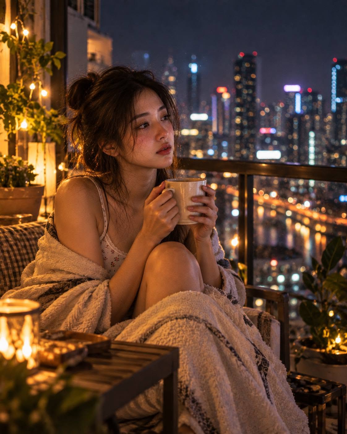 Mẫu ảnh AI Tạo Ảnh AI Cô Gái Cô Đơn – Một Mình Bên Ban Công Thành Phố Về Đêm - Nàng Thơ