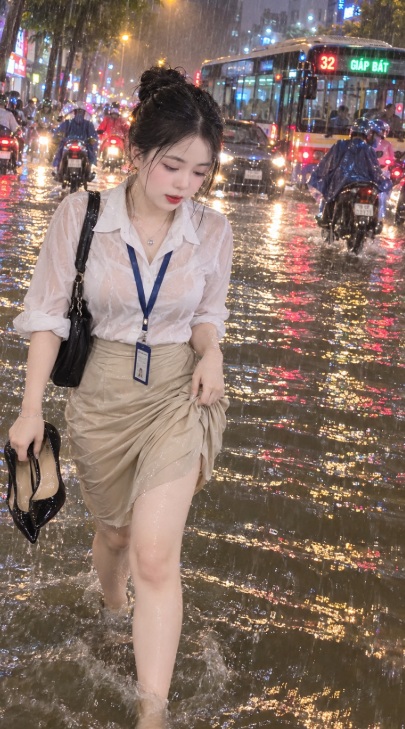 Mẫu ảnh AI Tạo Ảnh AI Cô Gái Đi Trong Mưa Phố – Ảnh Chân Dung Đời Thường Siêu Chân Thực - Chân dung nữ