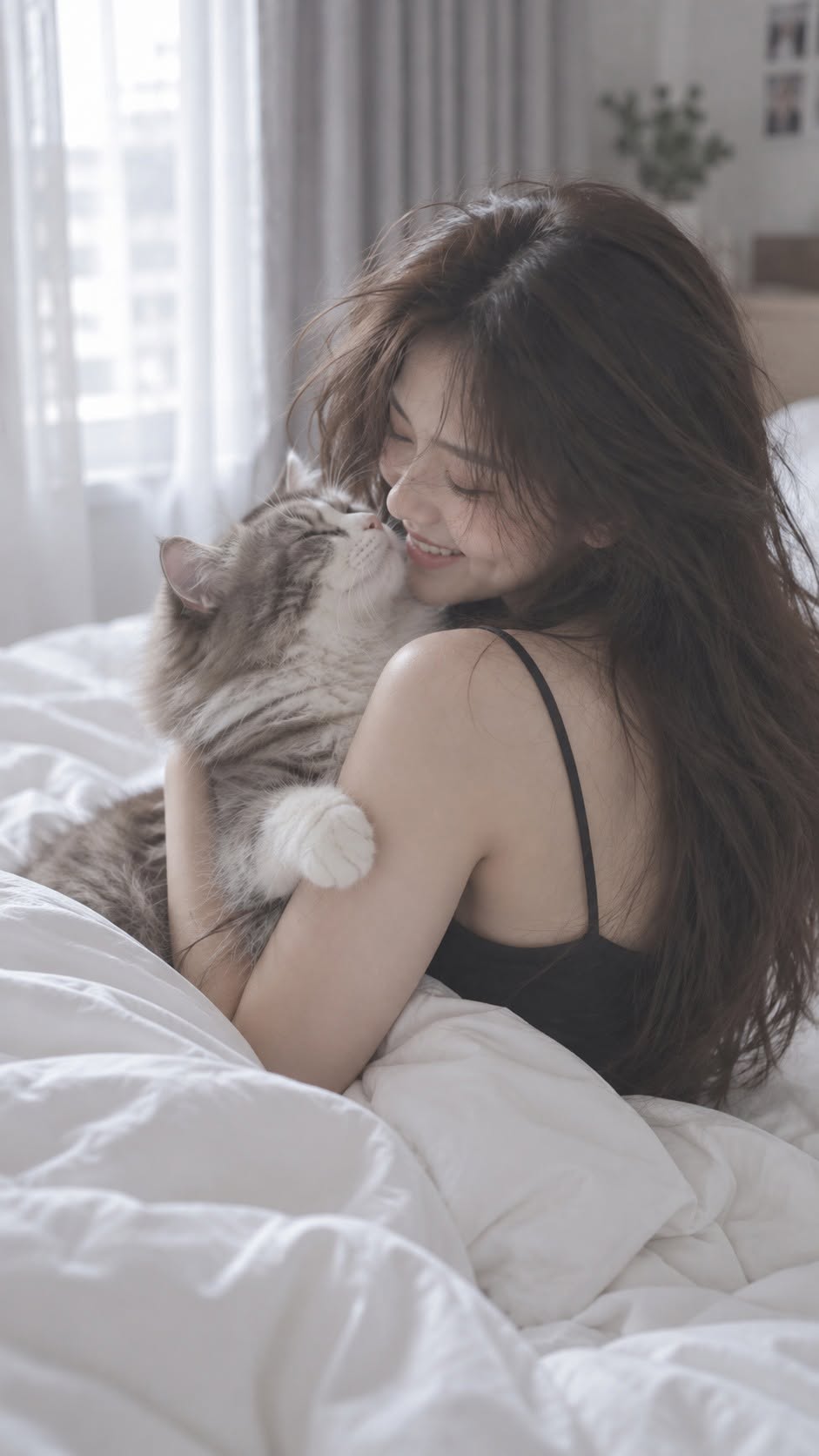 Mẫu ảnh AI Tạo Ảnh Cô Gái Ôm Mèo Trên Giường – Phong Cách Ấm Áp, Nhẹ Nhàng - Nàng Thơ