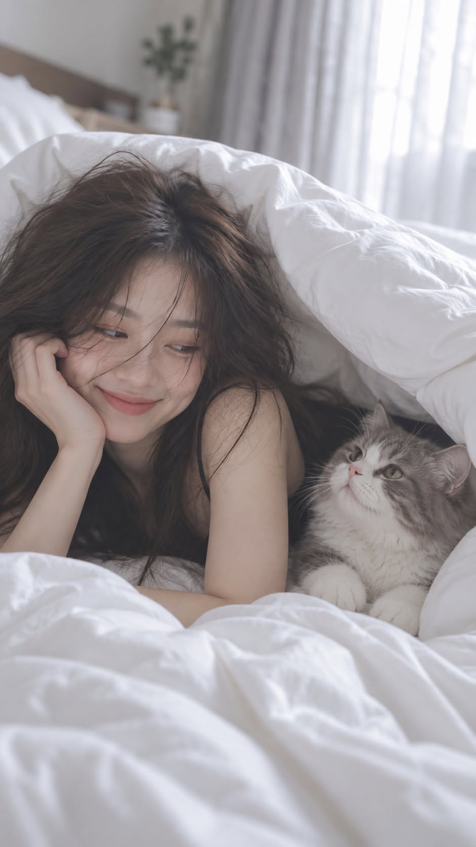 Mẫu ảnh AI ạo Ảnh Cô Gái Nằm Cùng Con Mèo Trên Giường - Nàng Thơ