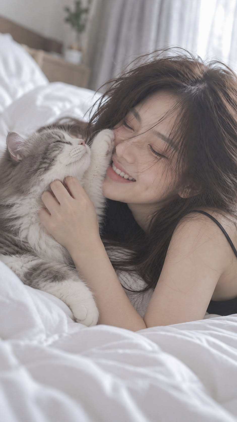 Mẫu ảnh AI Tạo Ảnh Nàng Thơ Chơi Với Mèo Trên Giường – Khoảnh Khắc Ngọt Ngào, Dễ Thương - Nàng Thơ