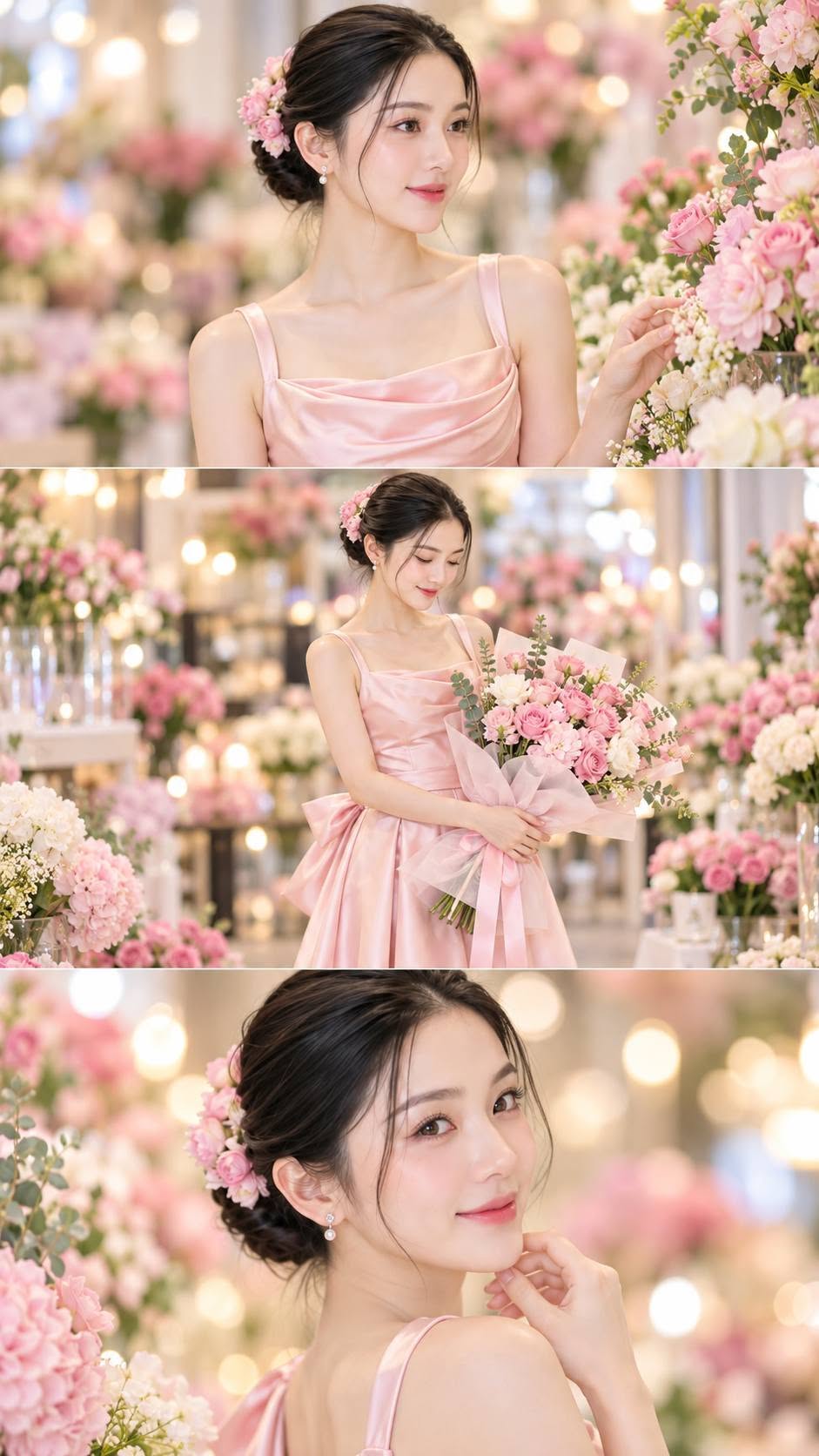 Mẫu ảnh AI Tạo Ảnh Cô Gái Váy Hồng Giữa Vườn Hoa – Nàng Thơ Dịu Dàng, Sang Trọng - Nàng Thơ