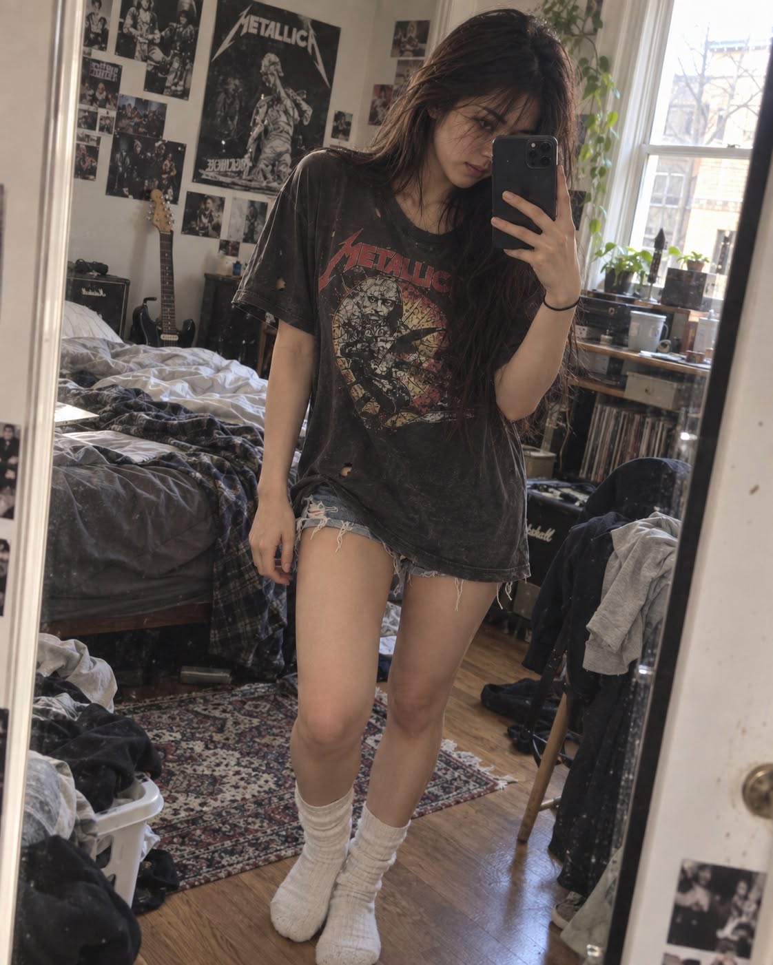 Mẫu ảnh AI Tạo Ảnh AI Cô Gái Cá Tính Phong Cách Rock Vintage – Mirror Selfie Siêu Chân Thực - Chân dung nữ