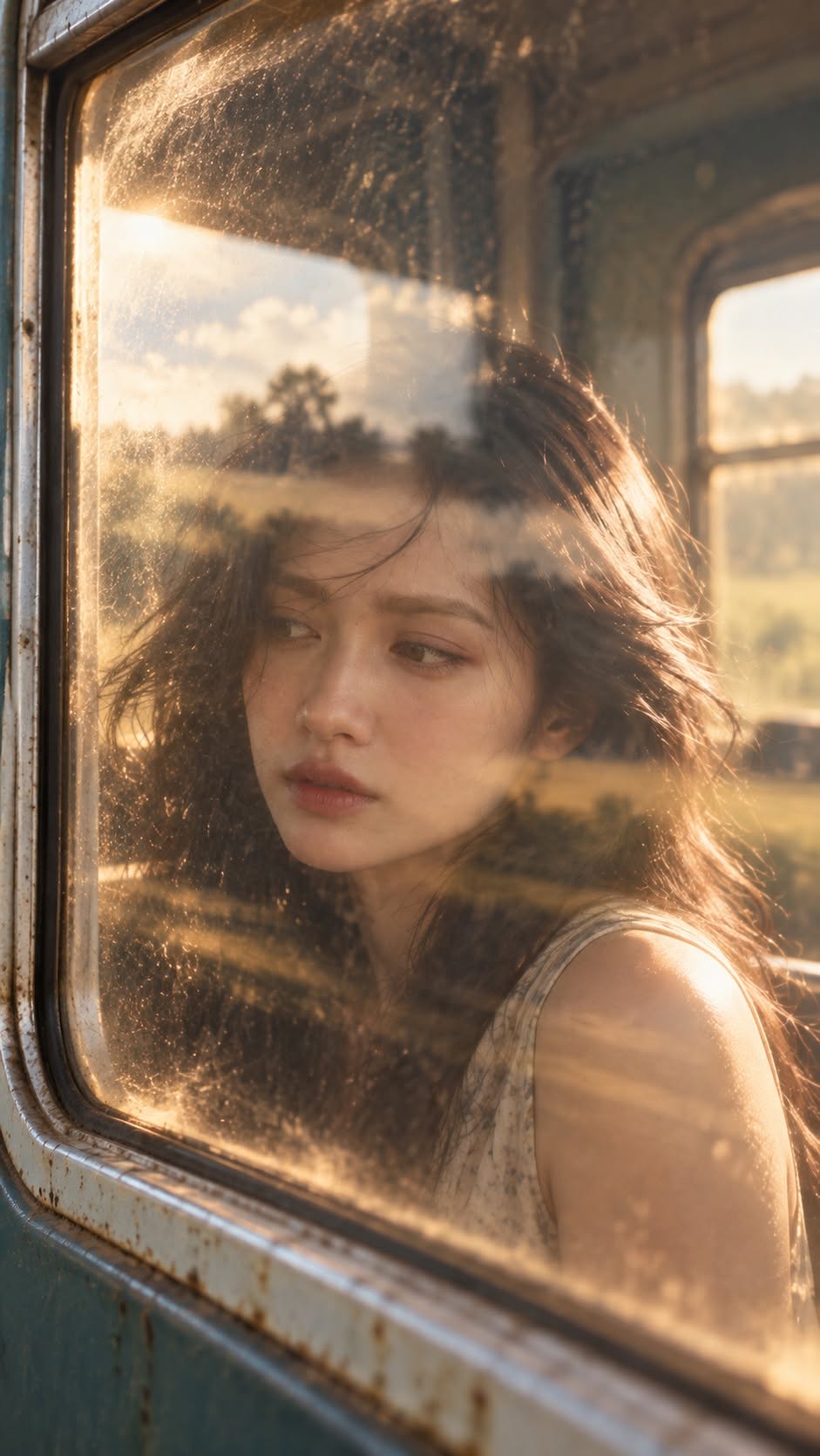 Mẫu ảnh AI Tạo Ảnh Nàng Thơ Bên Cửa Sổ Tàu – Chân Dung Cô Gái Vintage Ánh Nắng Hoàng Hôn - Nàng Thơ