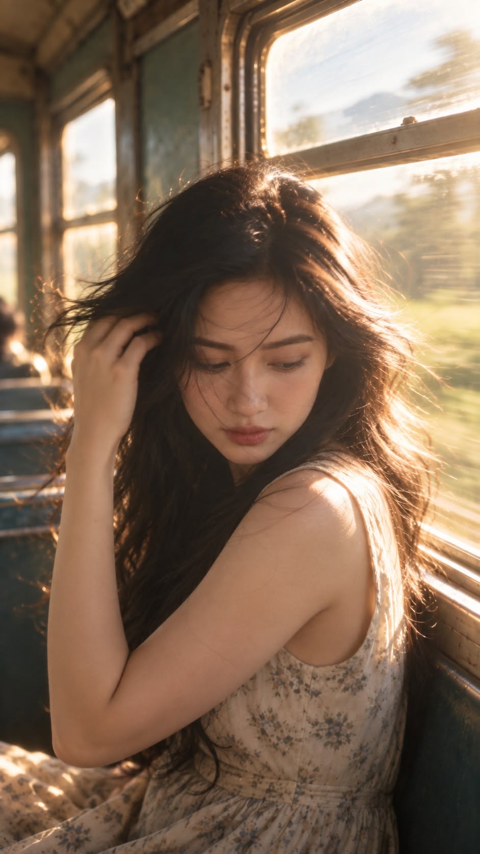 Mẫu ảnh AI Tạo Ảnh AI Nàng Thơ Ngồi Trên Tàu – Phong Cách Điện Ảnh, Hoài Niệm - Nàng Thơ