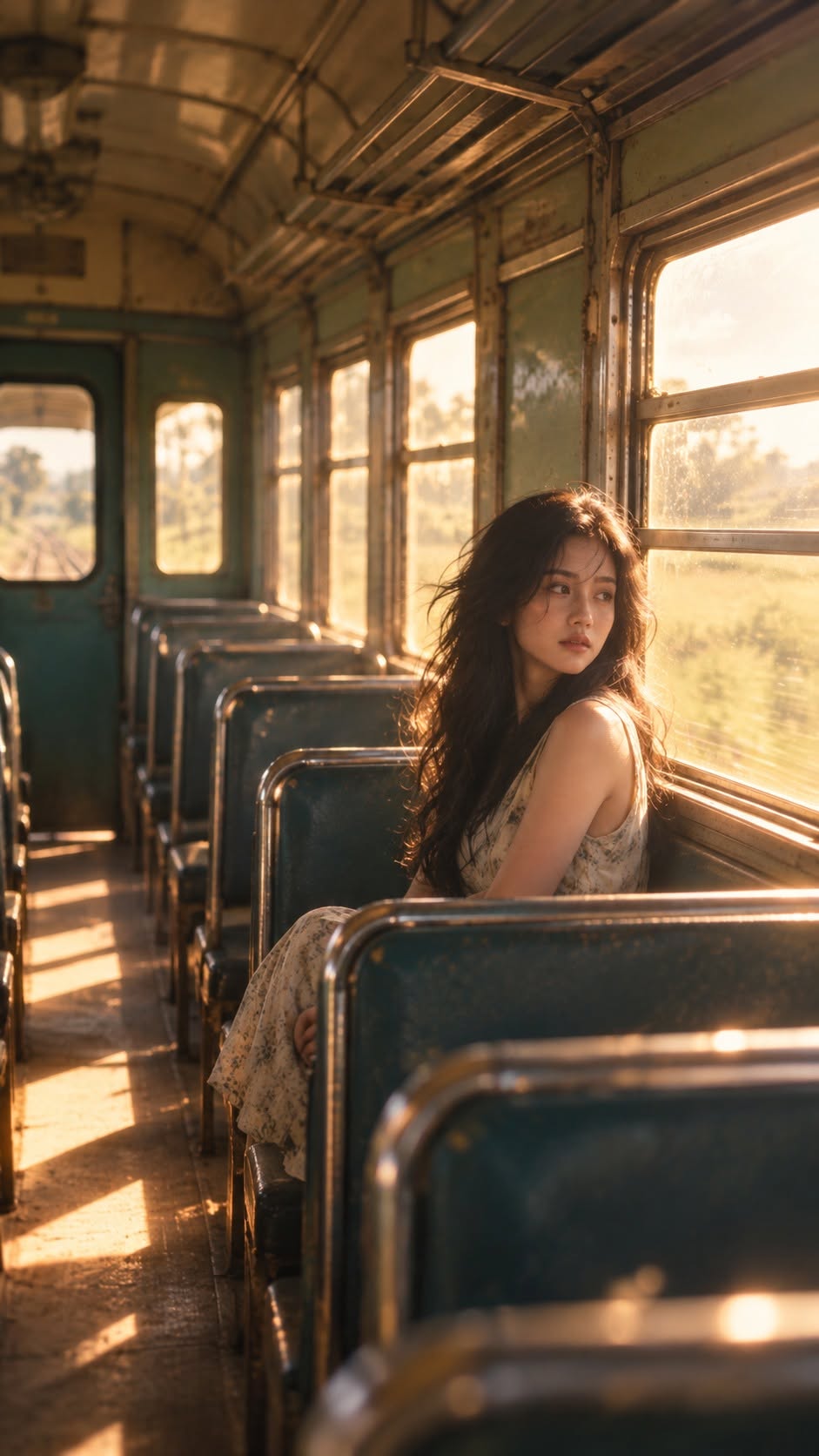 Mẫu ảnh AI Tạo Ảnh Chân Dung Ngàn Thơ Trên Chuyến Tàu Cũ – Phong Cách Vintage Điện Ảnh - Nàng Thơ