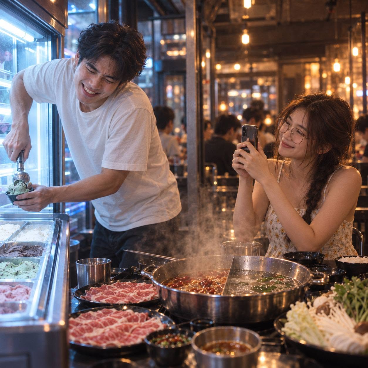 Mẫu ảnh AI Tạo Hình Ảnh AI Cặp Đôi Hẹn Hò Ăn Lẩu – Khoảnh Khắc Đời Thường Dễ Thương - Cặp đôi
