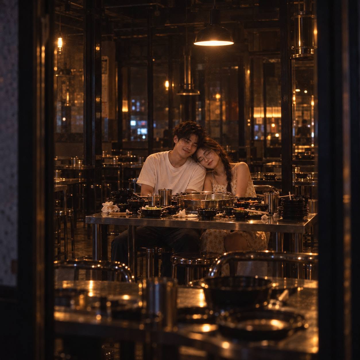 Mẫu ảnh AI Tạo Hình Ảnh Cặp Đôi Ngồi Trong Quán Ăn – Ảnh Couple Đời Thường Ấm Áp, Chân Thực - Cặp đôi