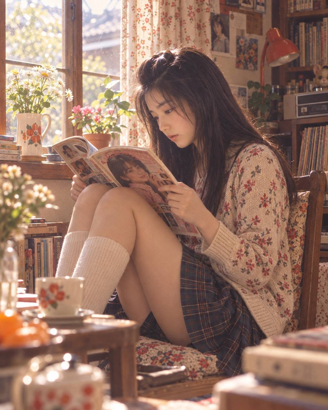 Mẫu ảnh AI Tạo Ảnh Xưa - Cô Gái Ngồi Đọc Sách Trong Phòng - Nàng Thơ