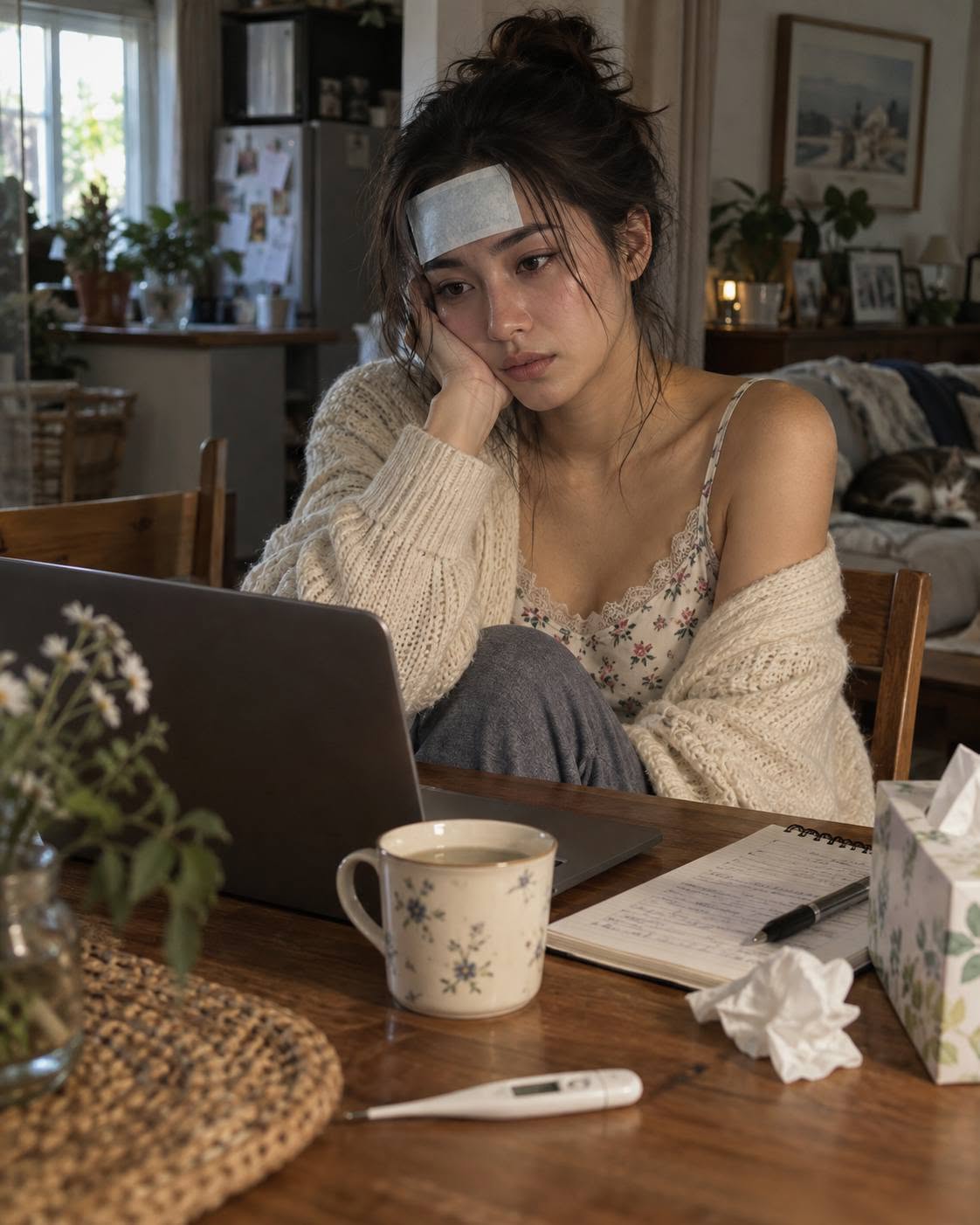 Mẫu ảnh AI Tạo Hình Ảnh Cô Gái Bị Ốm Đang Làm Việc Tại Nhà – Phong Cách Đời Thường Chân Thực - Chân dung nữ
