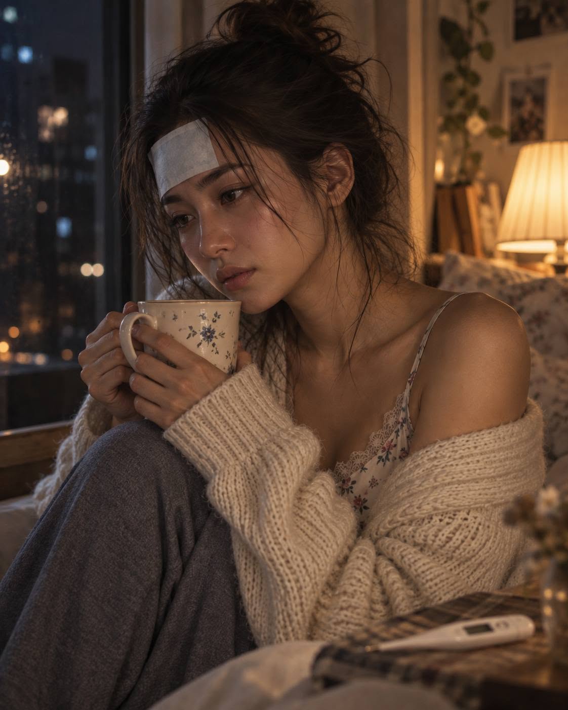 Mẫu ảnh AI Tạo Hình Ảnh Cô Gái Bị Ốm – Phong Cách Chân Thực, Ấm Áp - Chân dung nữ