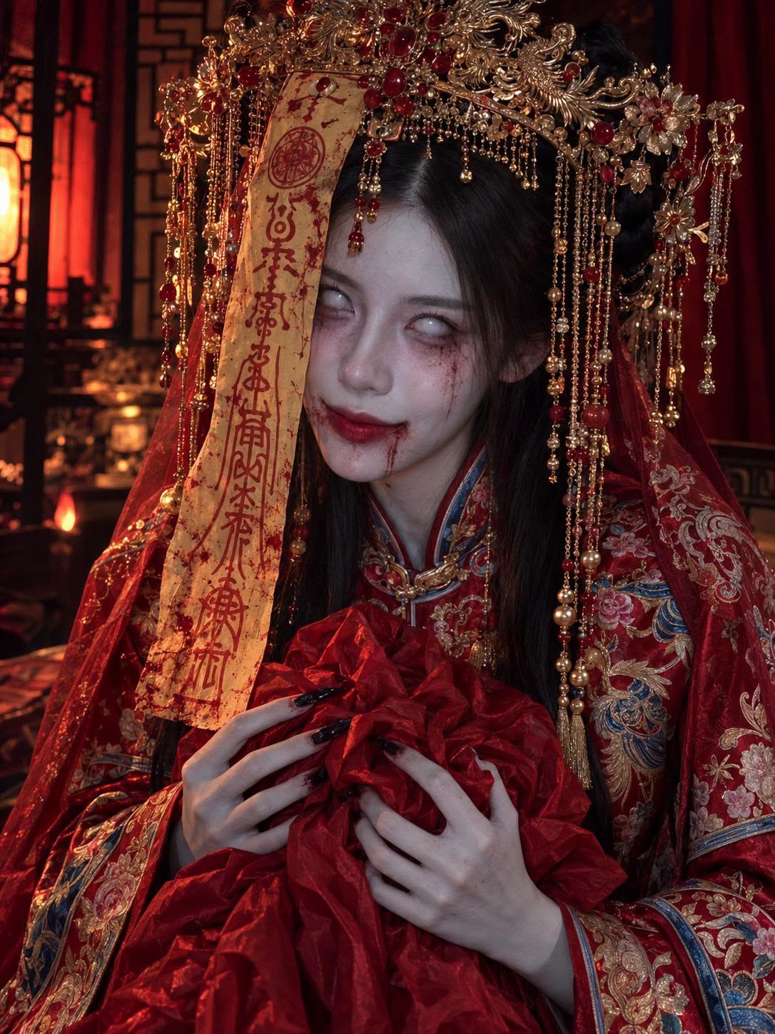 Mẫu ảnh AI Tạo Ảnh Halloween Cô Dâu Ma Cổ Trang Trung Hoa Kinh Dị - Chân dung nữ