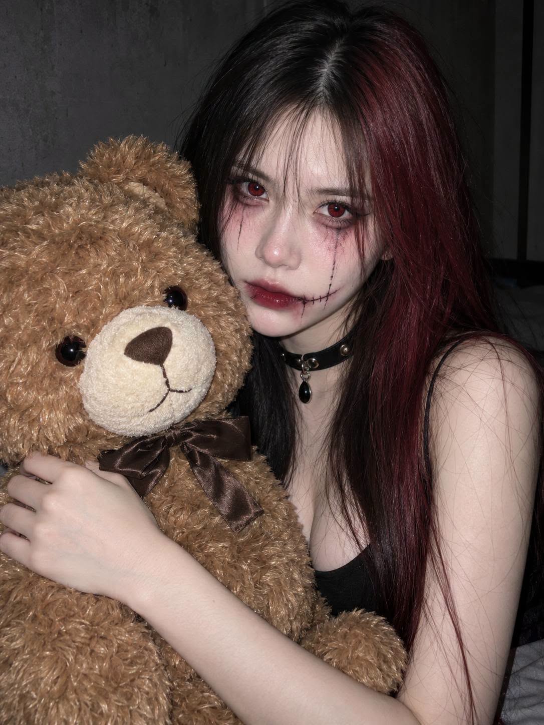 Mẫu ảnh AI Tạo Ảnh Halloween Cô Gái Gothic Ôm Gấu Bông - Chân dung nữ