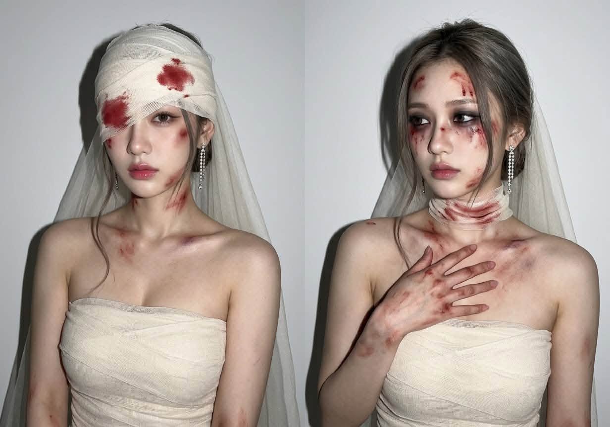Mẫu ảnh AI Tạo Ảnh AI Cô Dâu Ma Halloween – Phong Cách Kinh Dị Với Băng Gạc Và Vết Máu - Chân dung nữ