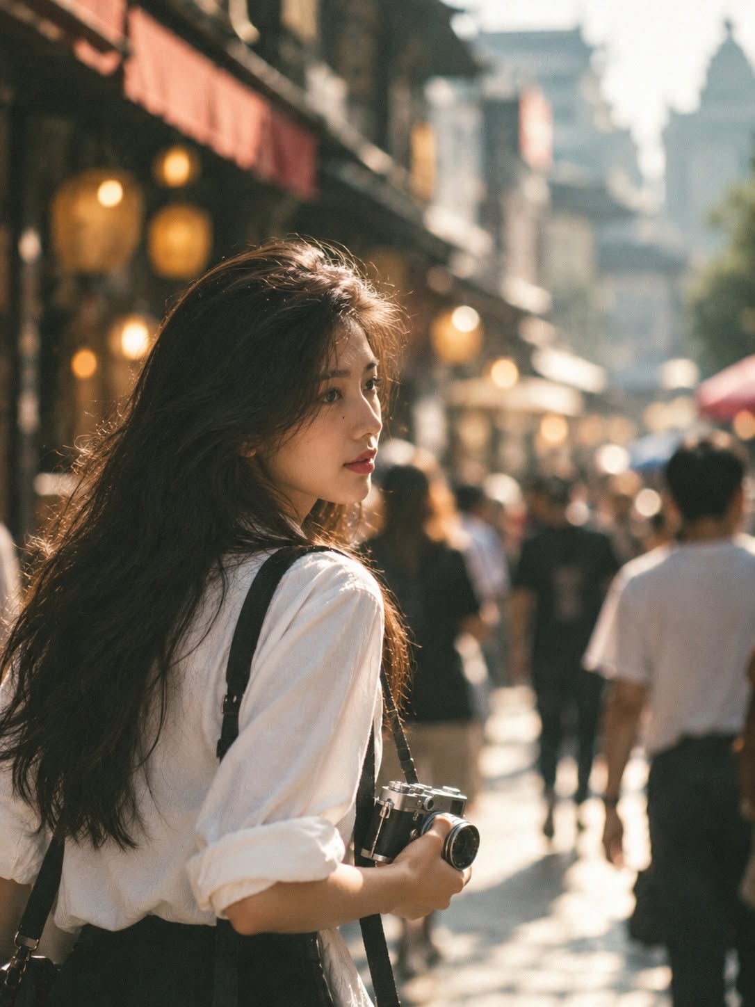 Mẫu ảnh AI Tạo Hình Ảnh Cô Gái Cầm Máy Ảnh Đi Trên Phố - Nàng Thơ