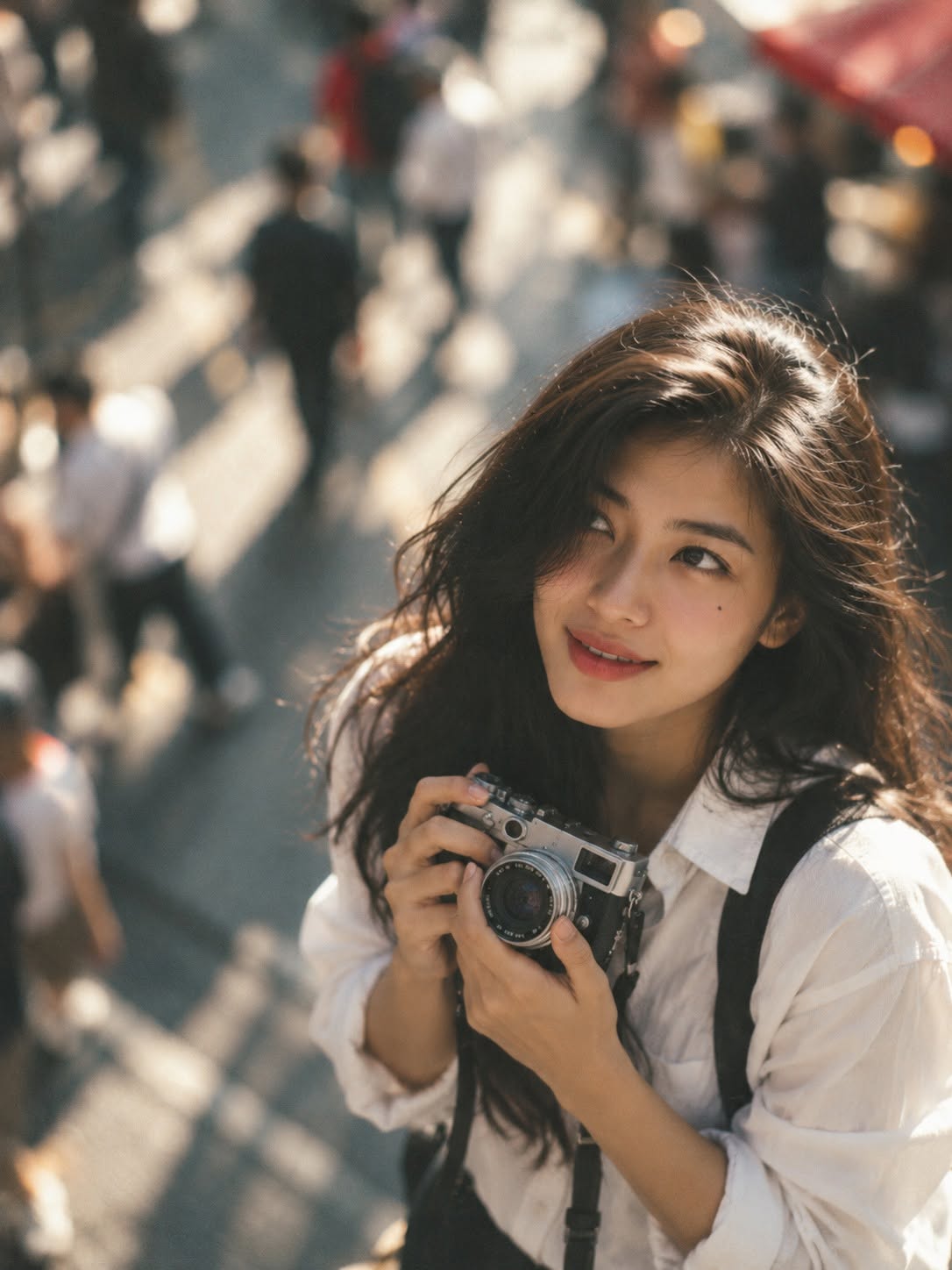 Mẫu ảnh AI Tạo Ảnh AI Cô Gái Cầm Máy Ảnh – Phong Cách Du Lịch Vintage, Chân Thực - Nàng Thơ
