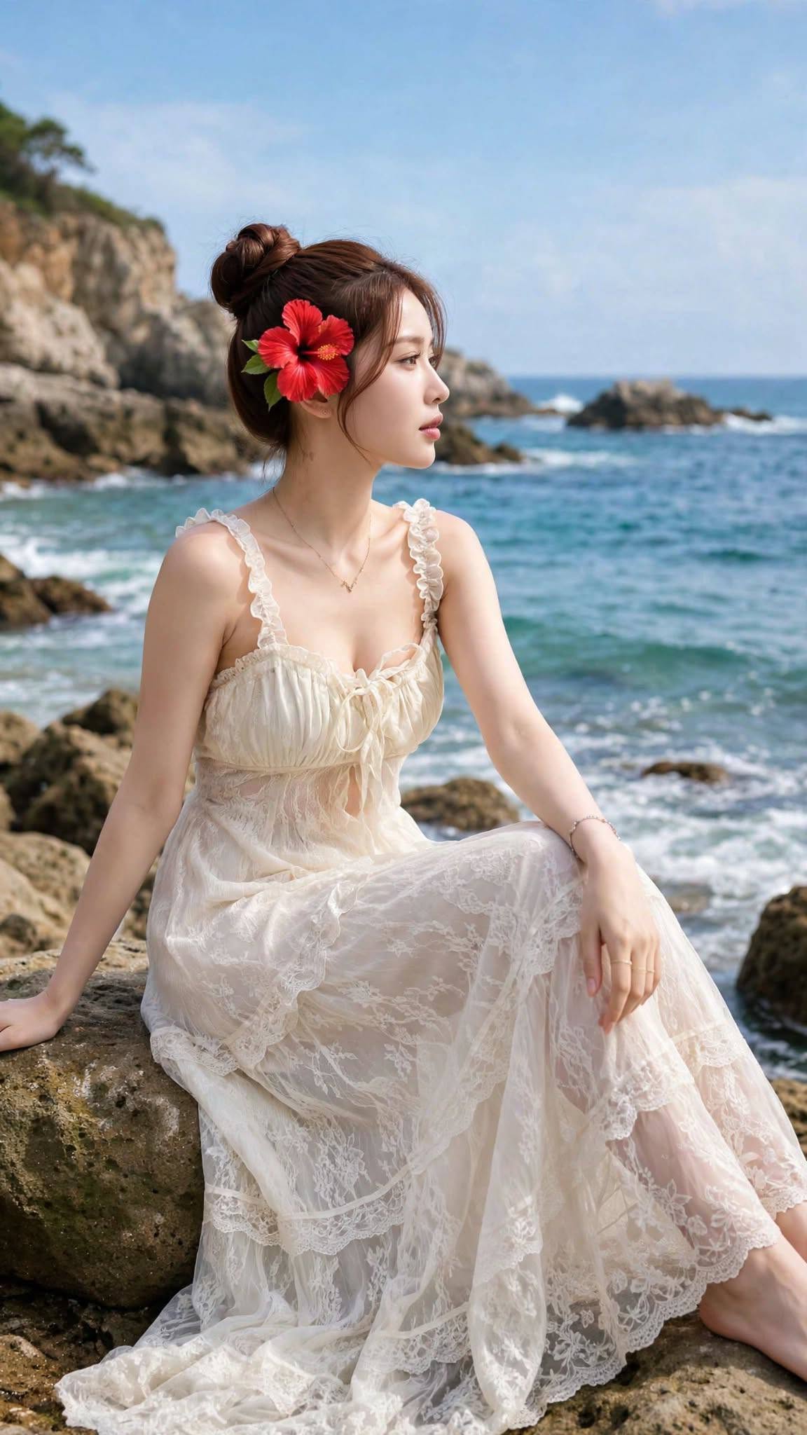 Mẫu ảnh AI Tạo hình ảnh nàng thơ bên biển xanh trong trẻo - Nàng Thơ