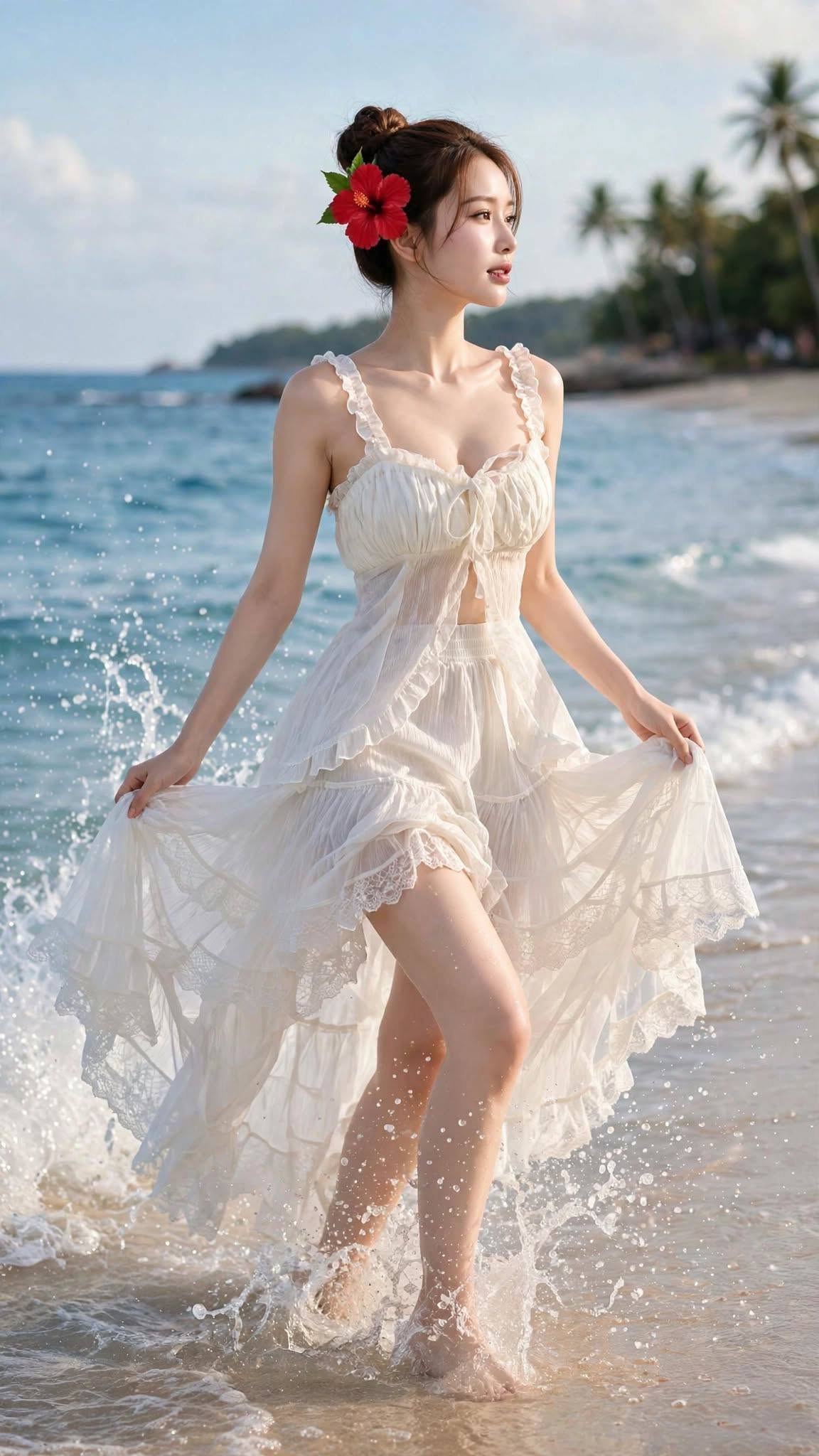 Mẫu ảnh AI Tạo ảnh Nàng thơ bước đi giữa làn sóng biển - Nàng Thơ